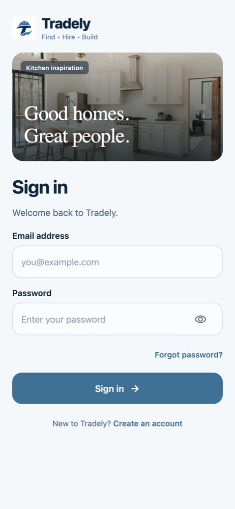 Current Tradely app sign-in screen with email, password and account creation